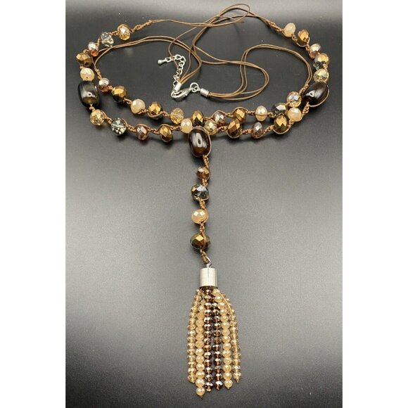 Unbranded Jewelry - Champagne Root Beer Tassel Necklace 2 Strand Copper Glass Bead AB Macrame Cord